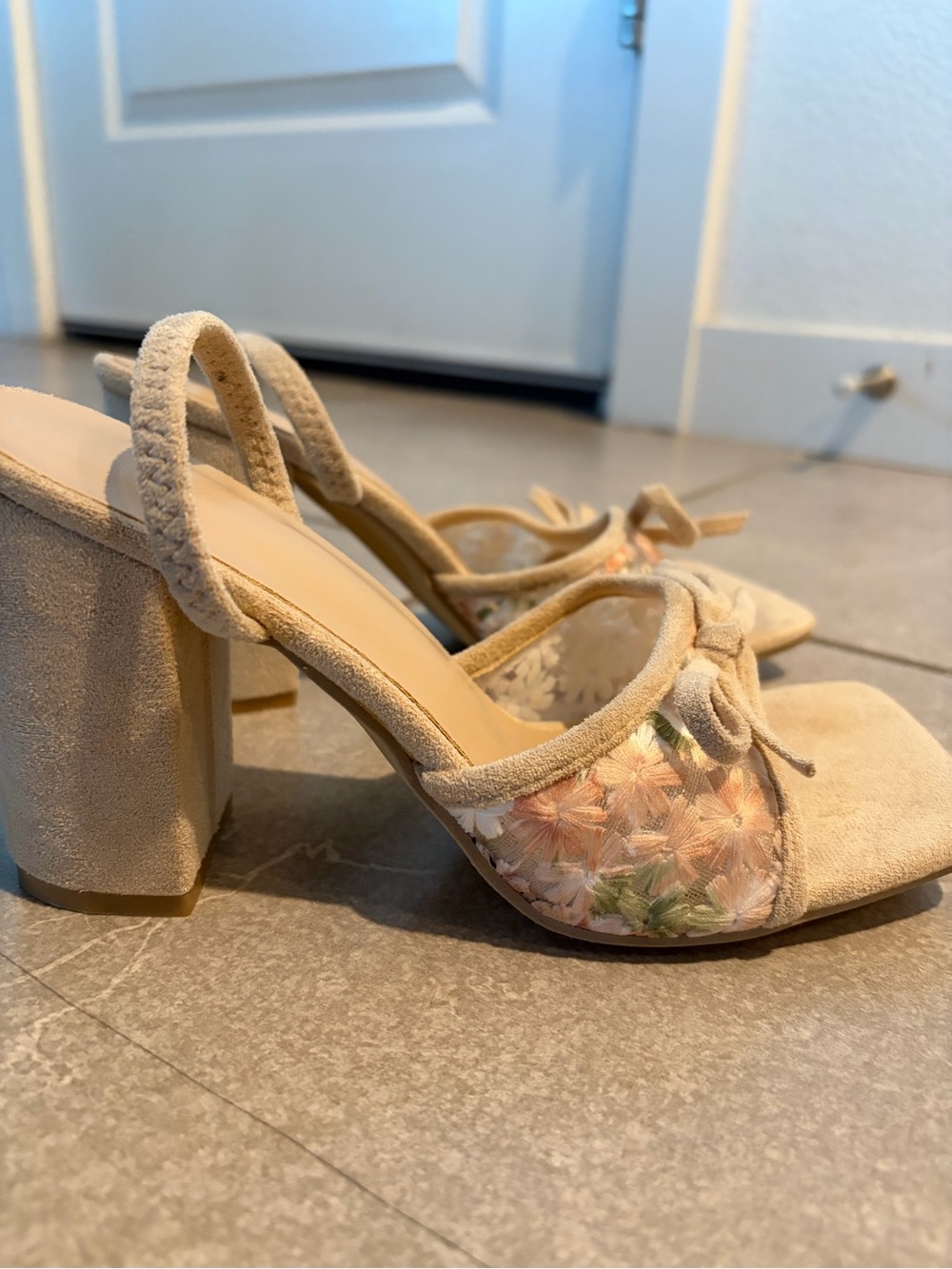 Beige Floral Embroidered Block Heel Sandals - Women's